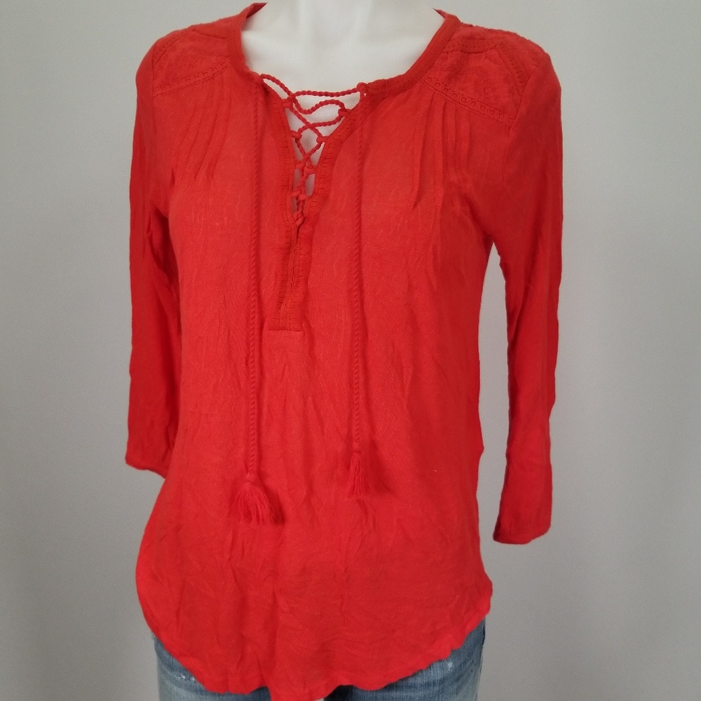 Lucky Brand Red Embroidered Peasant Top Small